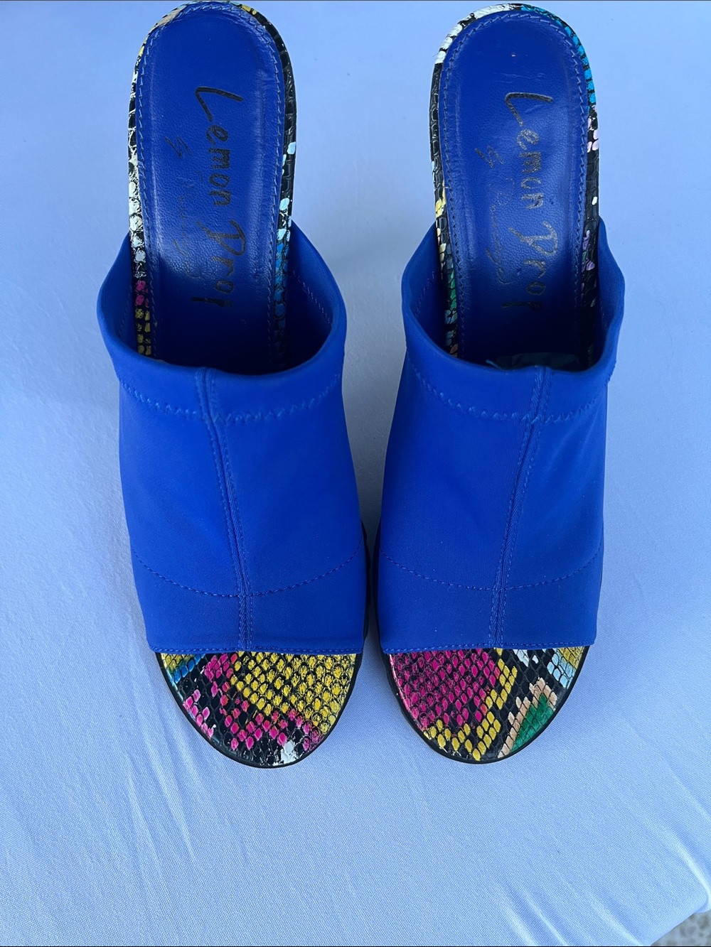 LEMON DROP royal blue hooded mule heels SZ:8